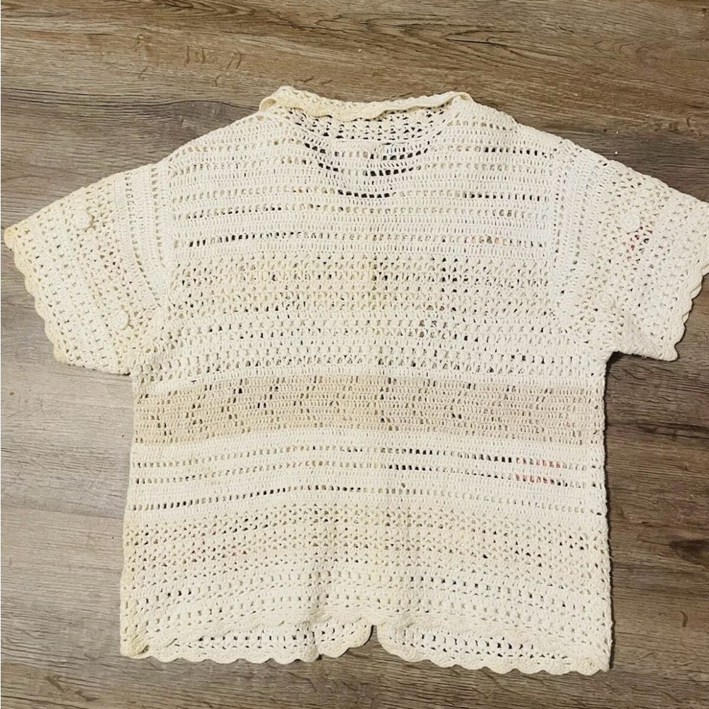Vintage Crochet Shirt - Cream with Pink Floral Accents - Picture 4 of 6